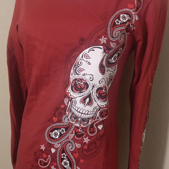 NWT! Edgy Fuschia Skull Paisley Women's Long Sleeve Tee - Picture 3 of 7